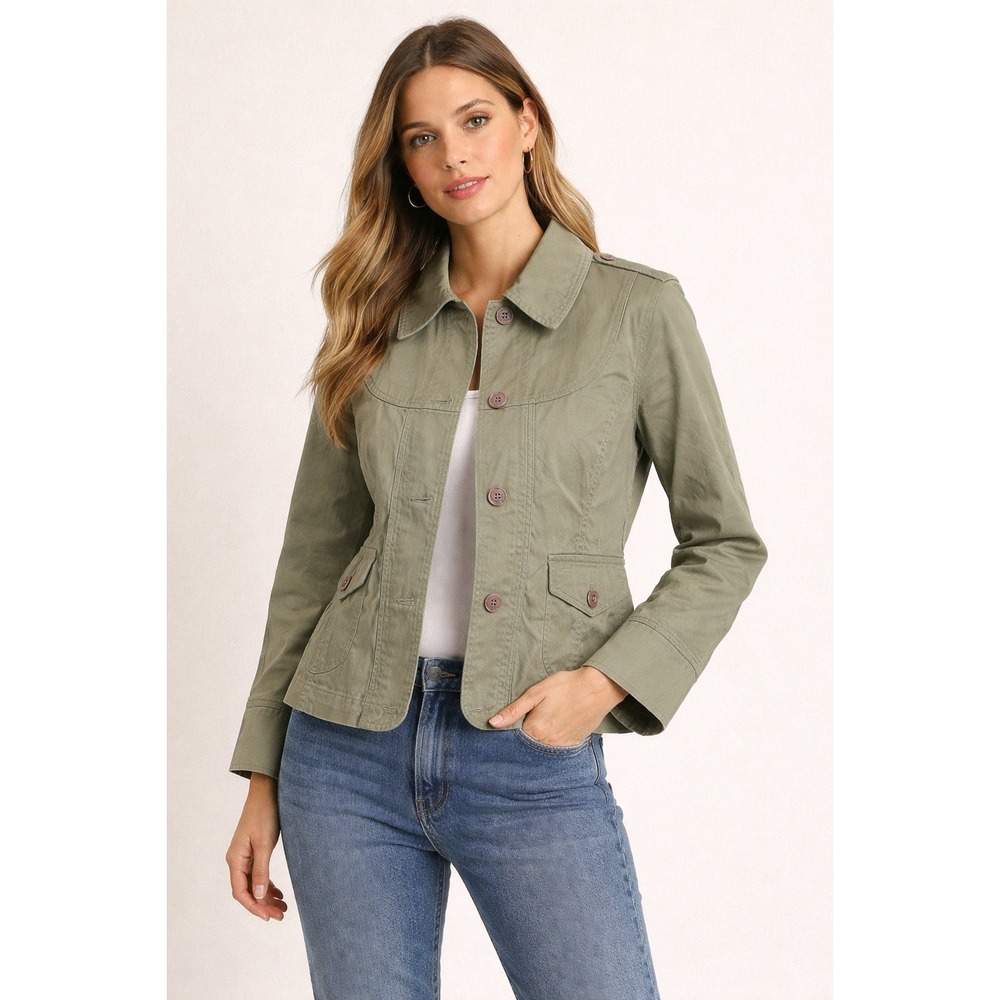DKNY Jeans Sage Green Utility‎ Military Jacket Mauve Buttons Contrast Stitching